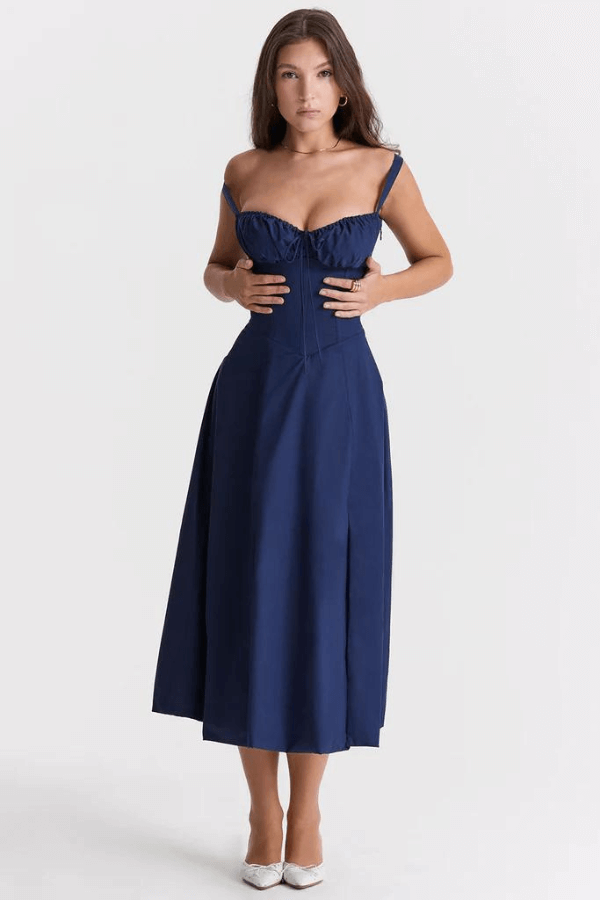 Women’s Corset Midi Dress with Adjustable Lace-Up Back and Boned Bodice 1