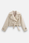 Women’s Cropped Double-Breasted Trench Coat with Belt and Lapel Collar 0