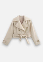 Women’s Cropped Double-Breasted Trench Coat with Belt and Lapel Collar 0