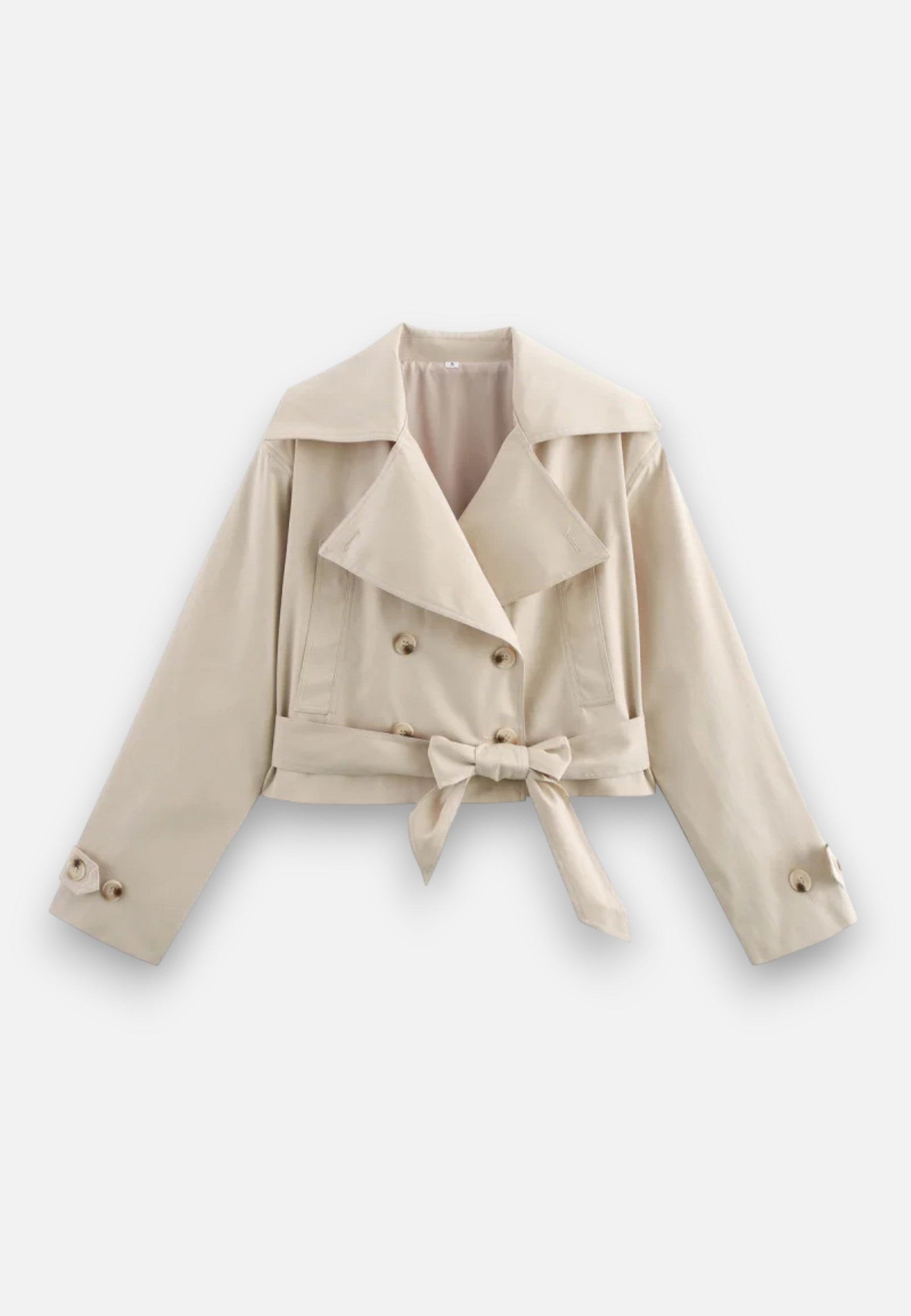 Women’s Cropped Double-Breasted Trench Coat with Belt and Lapel Collar 0