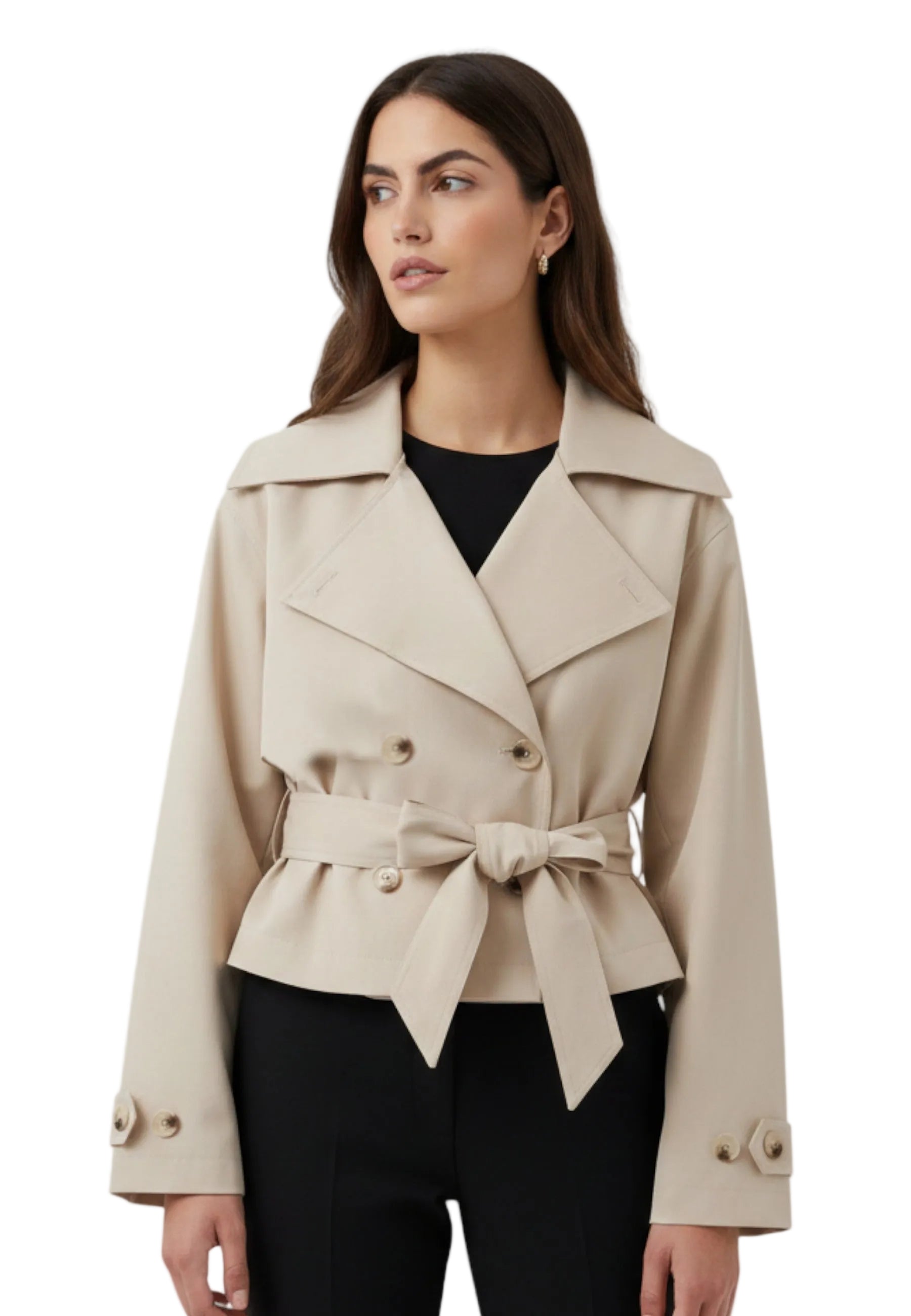 Women’s Cropped Double-Breasted Trench Coat with Belt and Lapel Collar 1