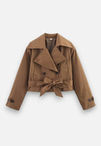 Women’s Cropped Double-Breasted Trench Coat with Belt and Lapel Collar 10