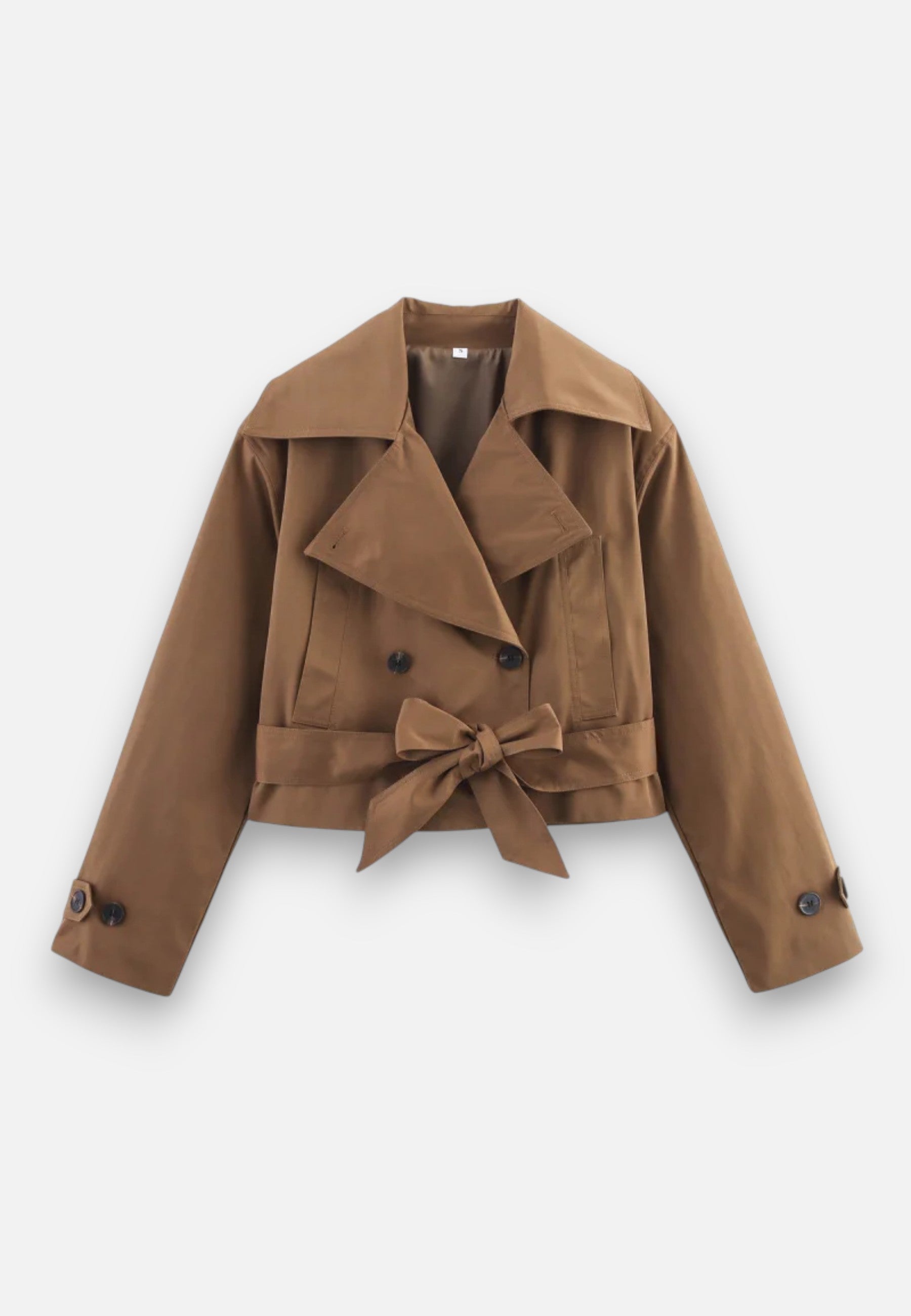 Women’s Cropped Double-Breasted Trench Coat with Belt and Lapel Collar 10