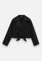 Women’s Cropped Double-Breasted Trench Coat with Belt and Lapel Collar 11