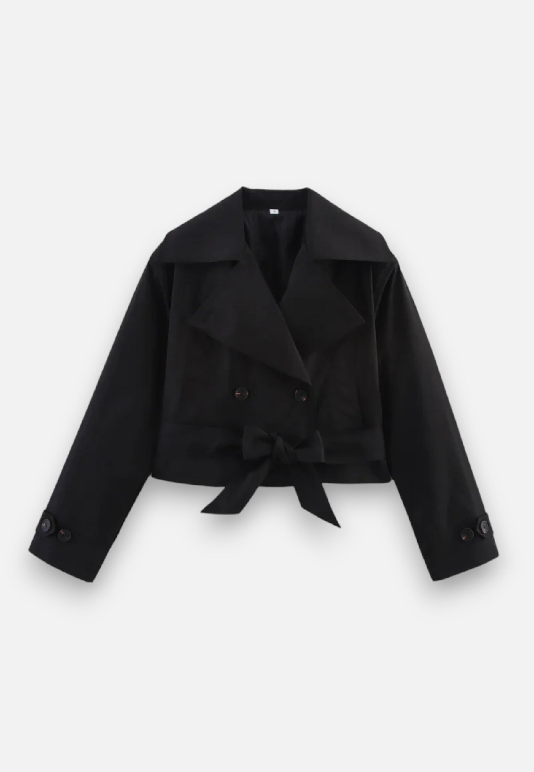 Women’s Cropped Double-Breasted Trench Coat with Belt and Lapel Collar 11