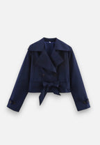 Women’s Cropped Double-Breasted Trench Coat with Belt and Lapel Collar 9