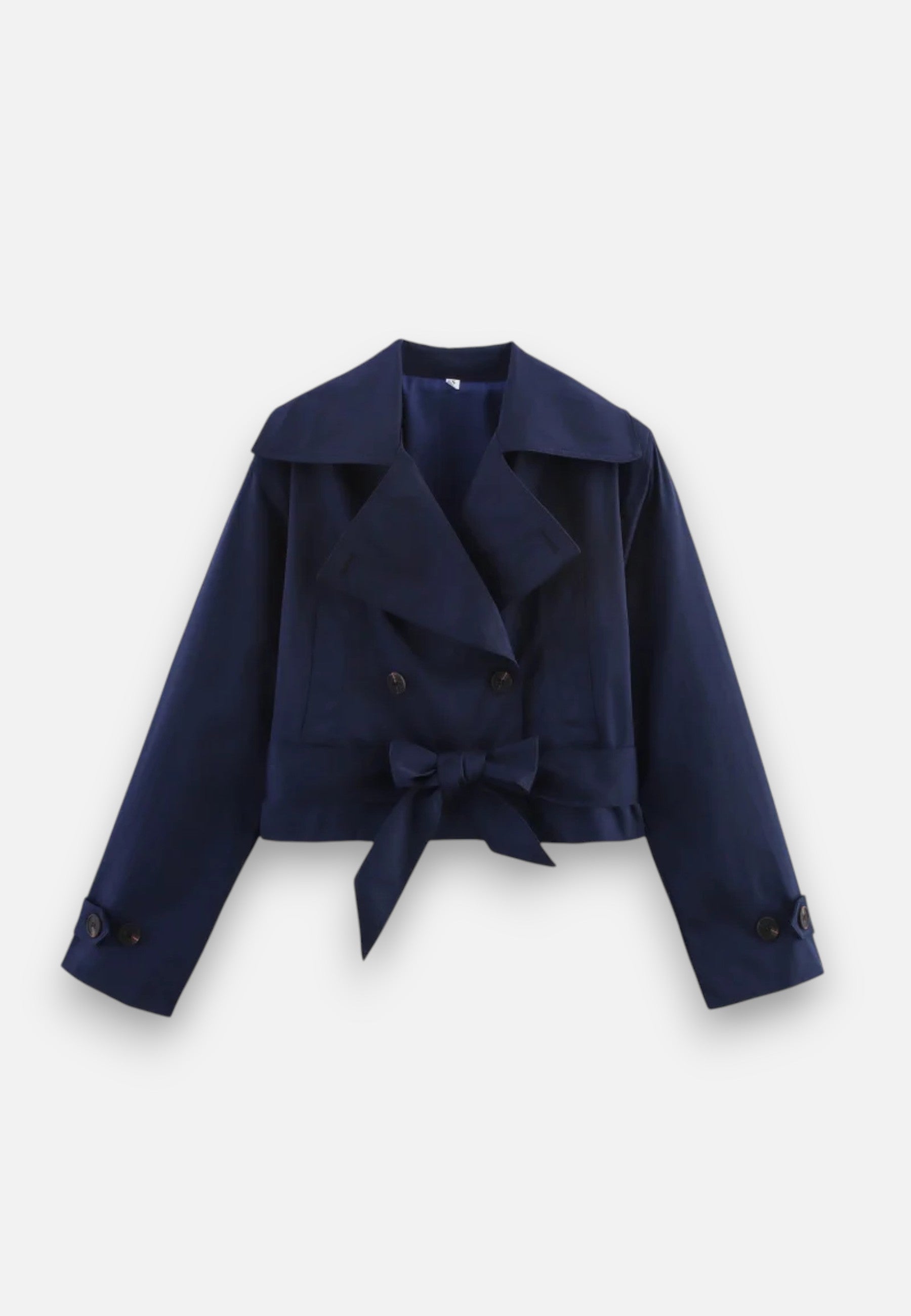 Women’s Cropped Double-Breasted Trench Coat with Belt and Lapel Collar 9