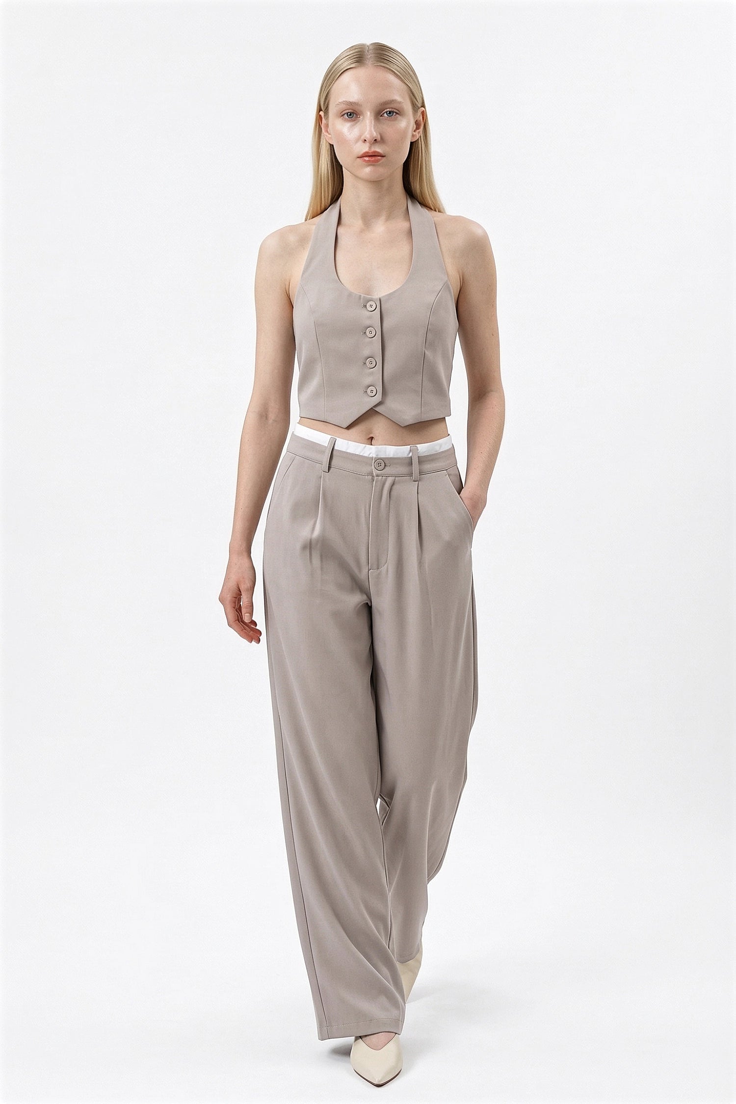 Women’s Cropped Halter Waistcoat and High-Waist Trouser Co Ord Set 1