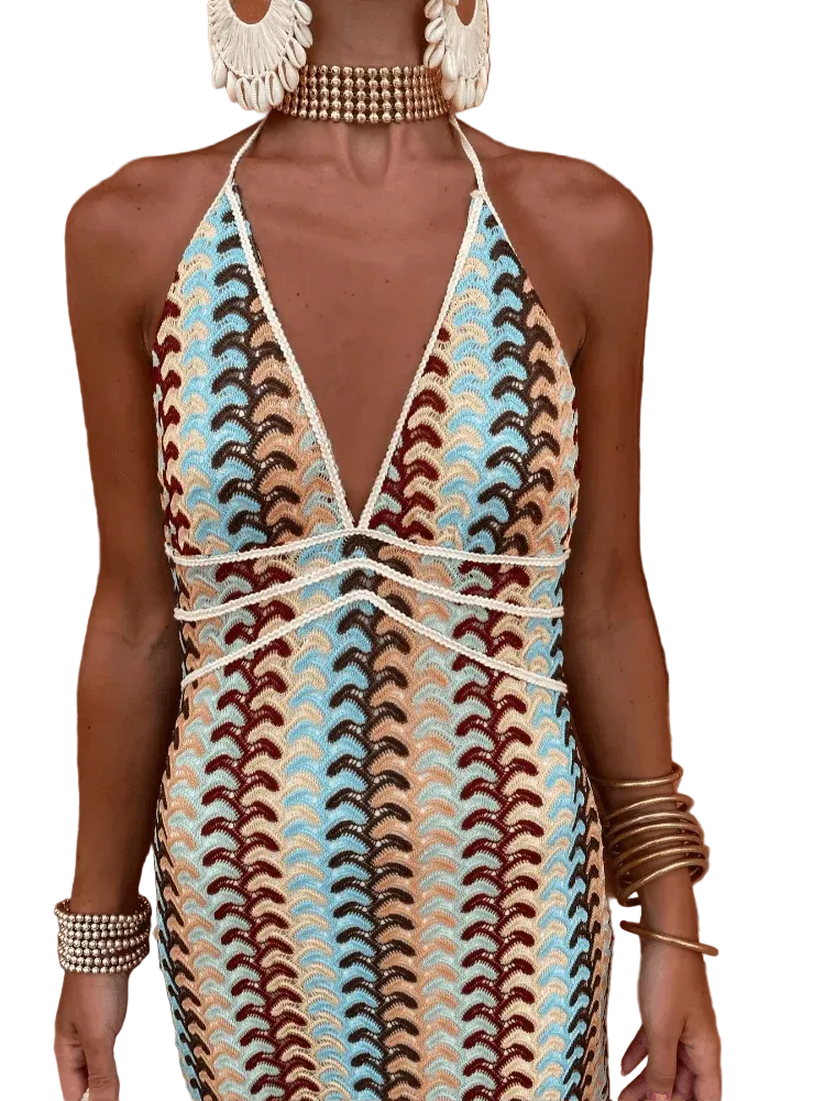 Women’s Deep V-Neck Sleeveless Halter Summer Dress with Colorful Wave Pattern 4