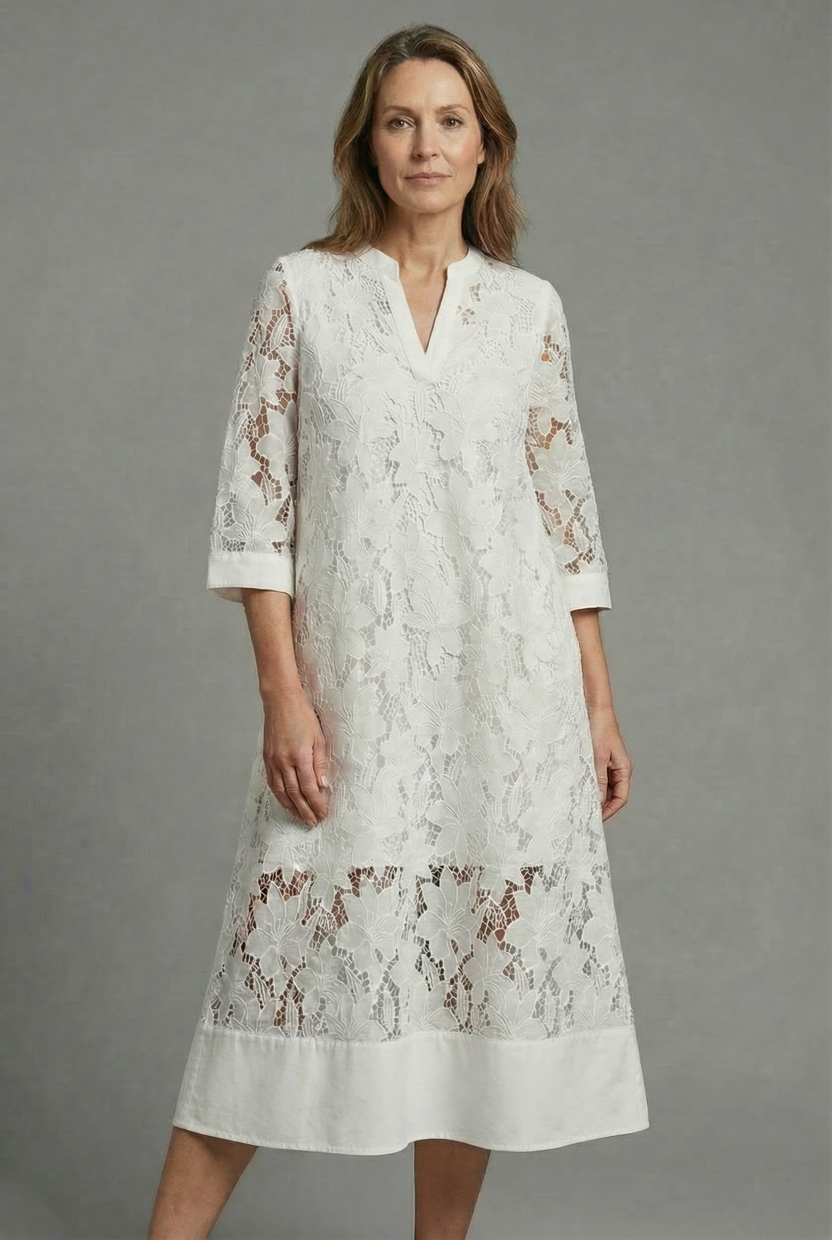 Women’s Embroidered Midi Dress with Lace Detail and Relaxed Fit 0