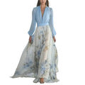 Women’s Floral Chiffon Maxi Dress with Long Sleeves and V-Neckline 0