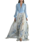 Women’s Floral Chiffon Maxi Dress with Long Sleeves and V-Neckline 0