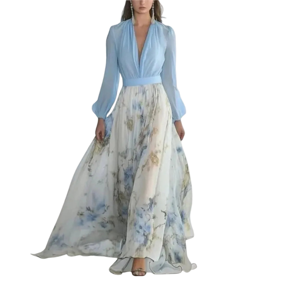Women’s Floral Chiffon Maxi Dress with Long Sleeves and V-Neckline 0
