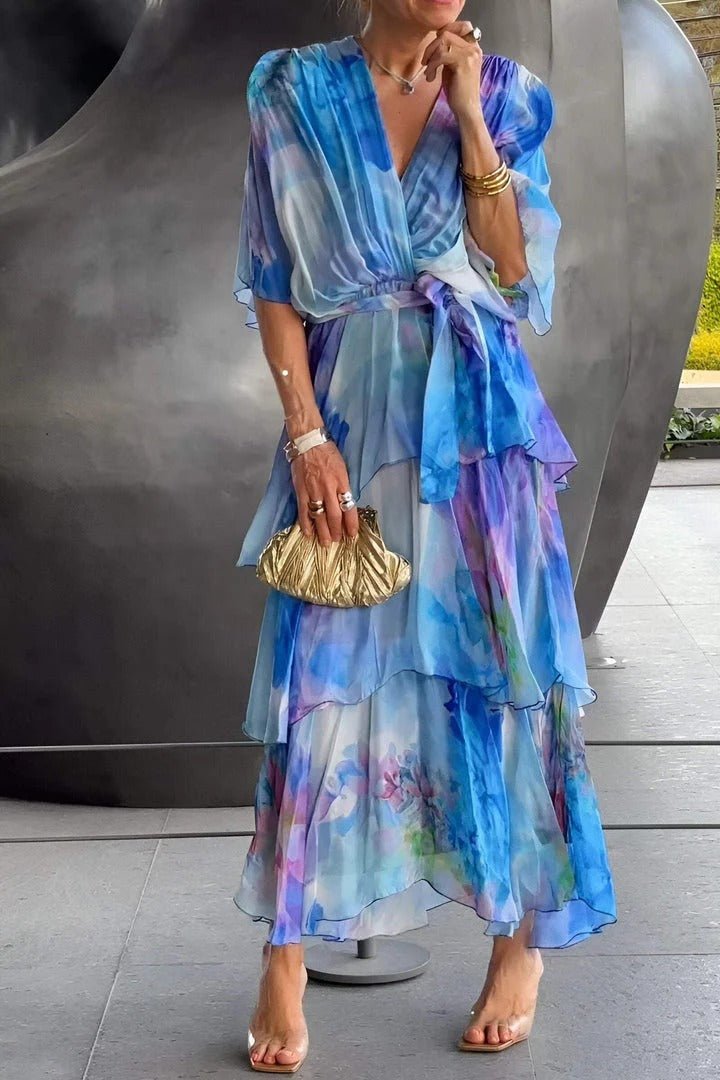 Women’s Floral Layered Summer Dress with V-Neck and Half Sleeves 0