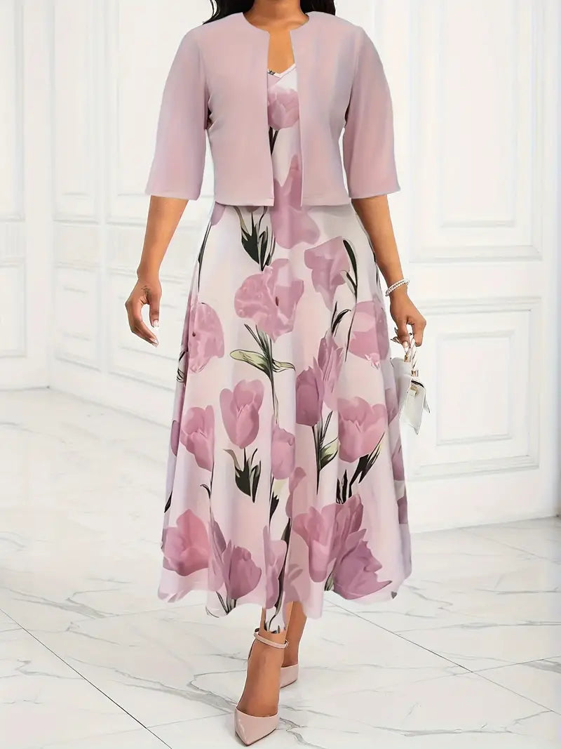 Women’s Floral Maxi Dress with Cropped Cardigan Set for Summer 0