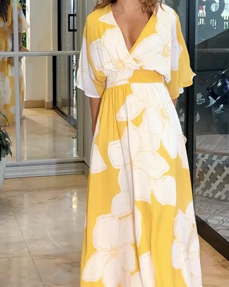Women’s Floral Maxi Dress with V-Neck and Elastic Waist for Summer 1