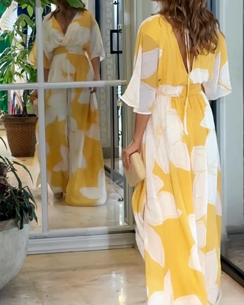 Women’s Floral Maxi Dress with V-Neck and Elastic Waist for Summer 2