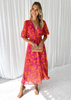 Women’s Floral Midi Dress with Puff Sleeves and V-Neck 0