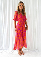 Women’s Floral Midi Dress with Puff Sleeves and V-Neck 1