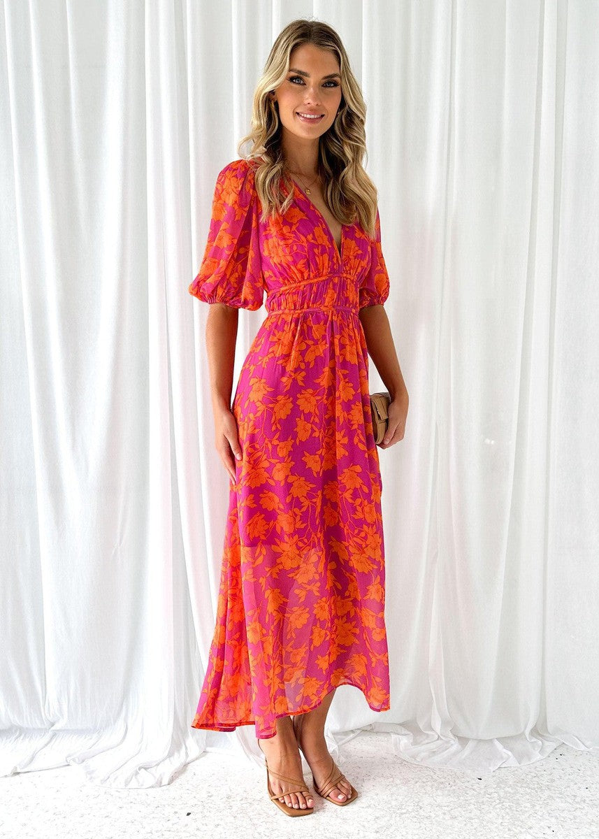 Women’s Floral Midi Dress with Puff Sleeves and V-Neck 1