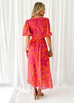 Women’s Floral Midi Dress with Puff Sleeves and V-Neck 2