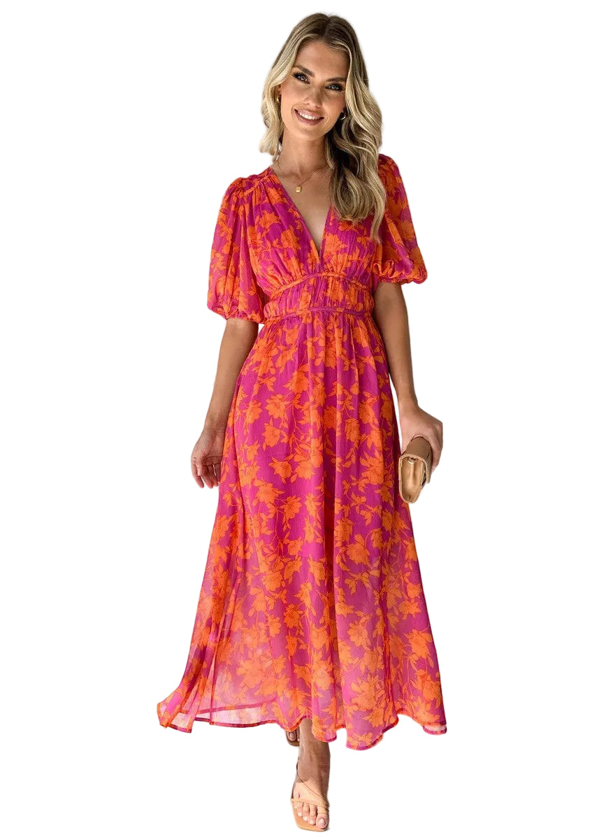Women’s Floral Midi Dress with Puff Sleeves and V-Neck 3