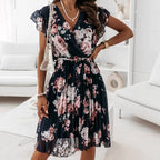 Women’s Floral Midi Dress with Wrap Front, Tie Belt, and Ruffle Cuffs for Summer 1