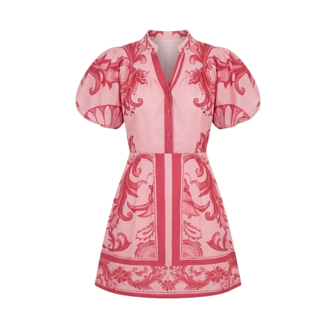 Women’s Floral Organic Linen Cocktail Dress with Short Puff Sleeves and Button Front Collar 0