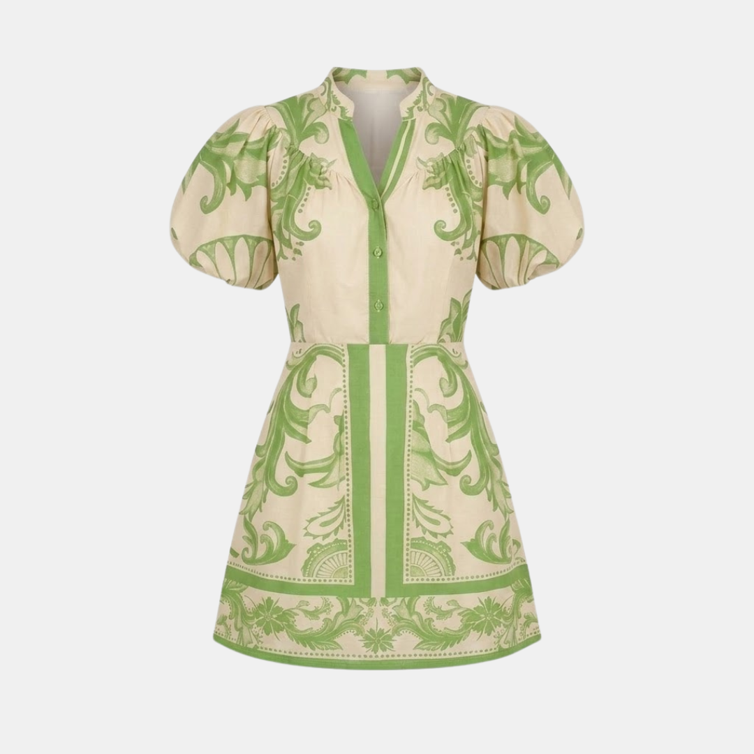 Women’s Floral Organic Linen Cocktail Dress with Short Puff Sleeves and Button Front Collar 7