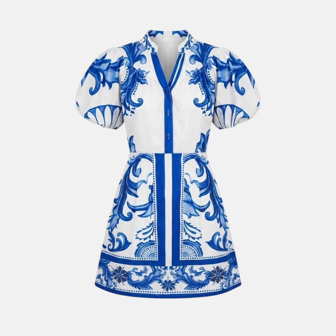 Women’s Floral Organic Linen Cocktail Dress with Short Puff Sleeves and Button Front Collar 8