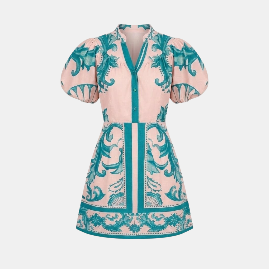 Women’s Floral Organic Linen Cocktail Dress with Short Puff Sleeves and Button Front Collar 9