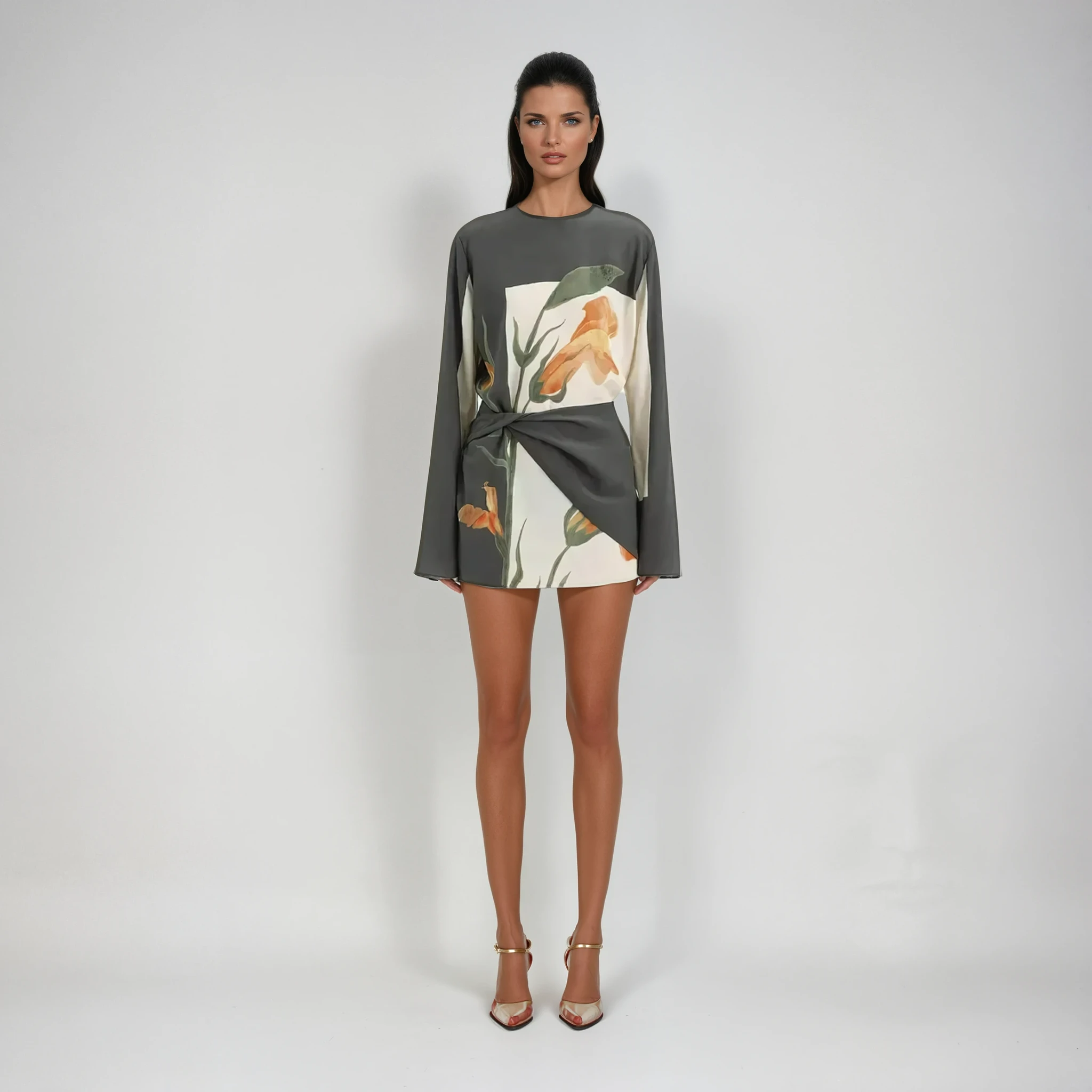 Women’s Floral Print Mini Dress with Twist Overlay and Flared Sleeves 0