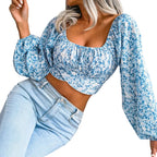 Women’s Floral Square Neck Long Sleeve Crop Top 0