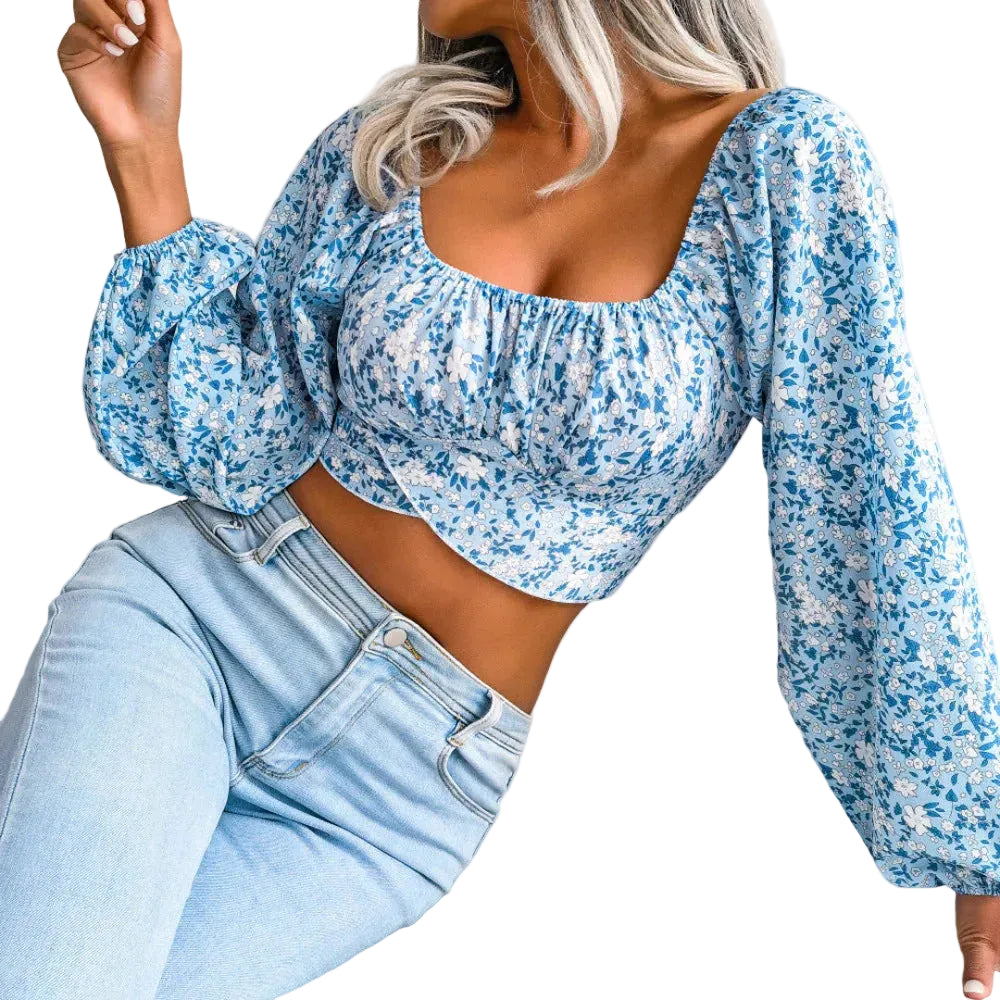 Women’s Floral Square Neck Long Sleeve Crop Top 0