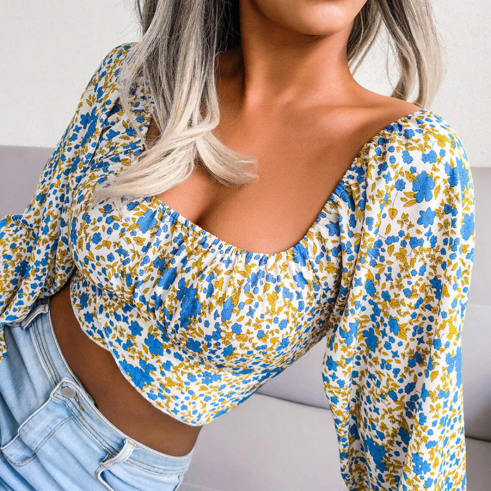 Women’s Floral Square Neck Long Sleeve Crop Top 1