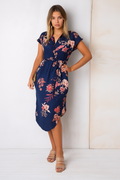 Women’s Floral Wrap Midi Dress with Side Slit and Waist Tie 0