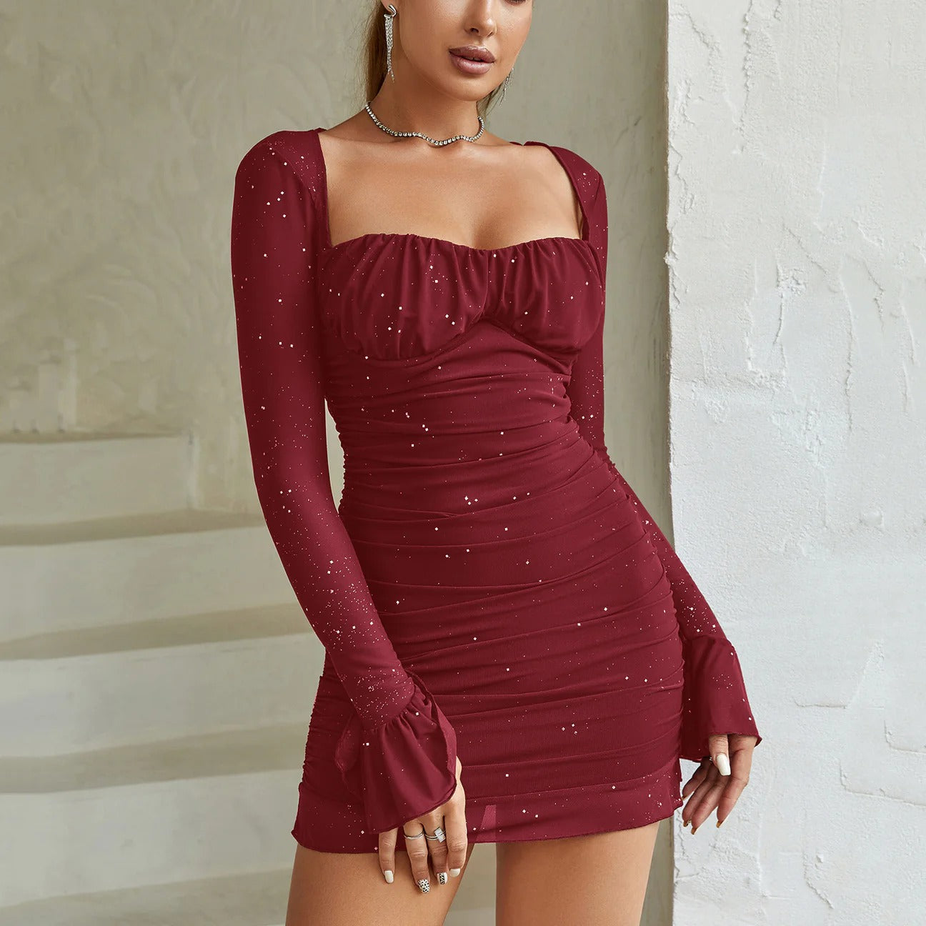 Women’s Glittery Square Neck Mini Dress with Fitted Silhouette 3