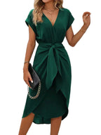Women’s Green V-Neck Midi Dress with Cap Sleeves and Self-Tie Waist 1