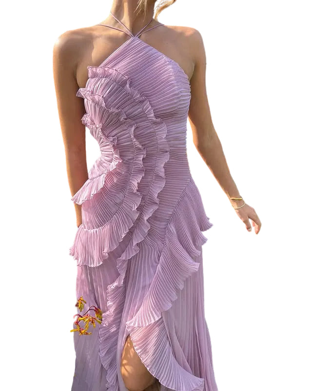 Women’s Halter Maxi Dress with Pleated Ruffles and Floor-Length Hem 3