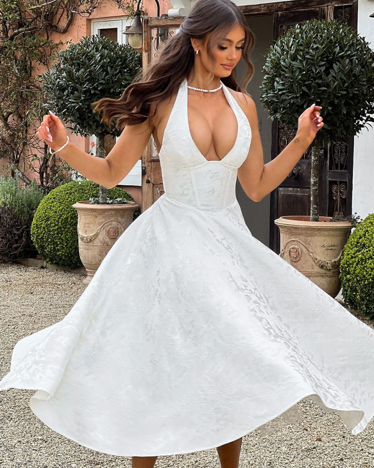 Women’s Halter Midi Dress with Flared Skirt for Wedding Guests and Summer Events 1