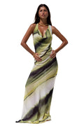 Women’s Halter Neck Maxi Dress with Backless V-Neck and Abstract Print 0