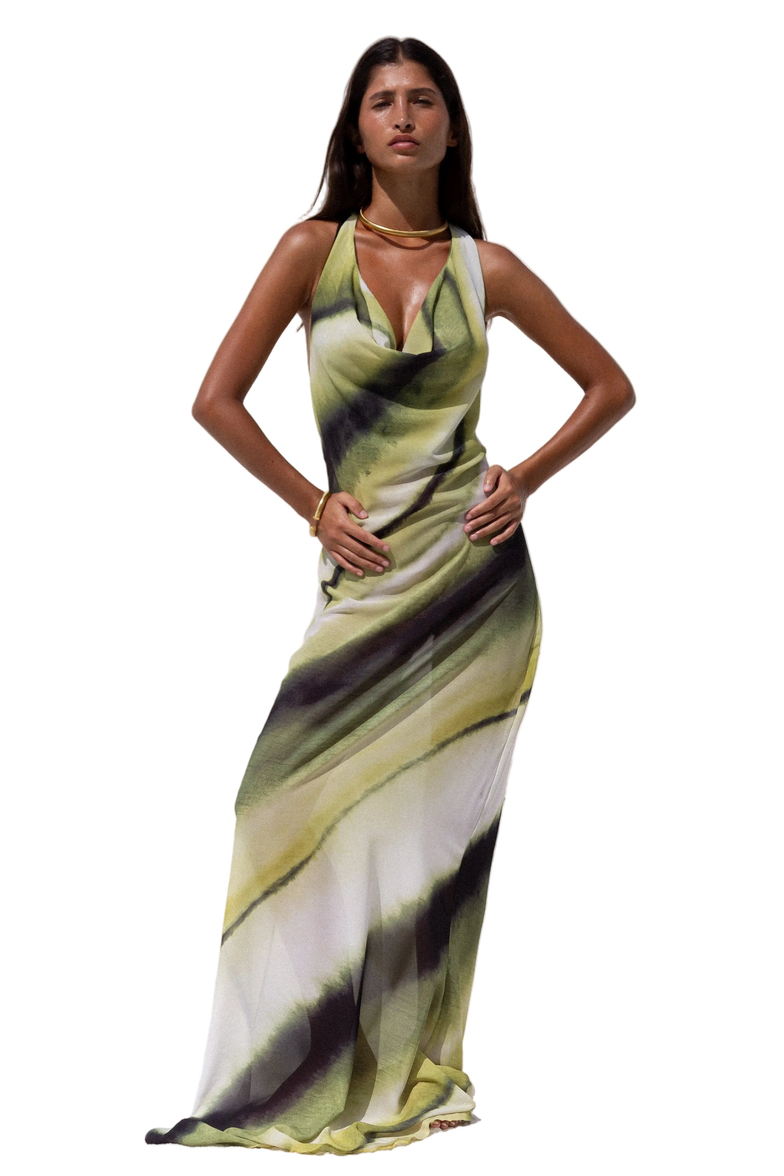 Women’s Halter Neck Maxi Dress with Backless V-Neck and Abstract Print 0