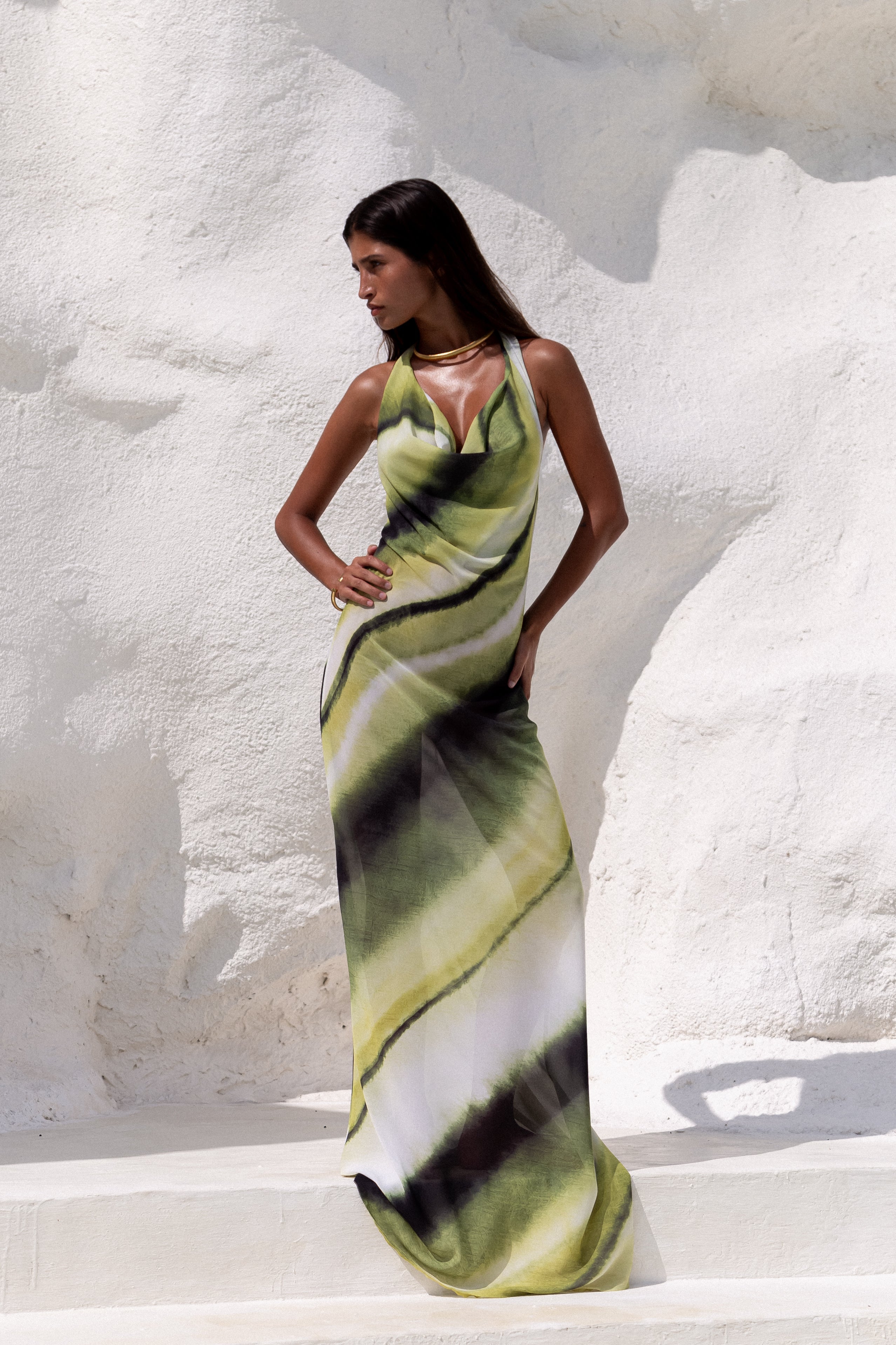 Women’s Halter Neck Maxi Dress with Backless V-Neck and Abstract Print 2