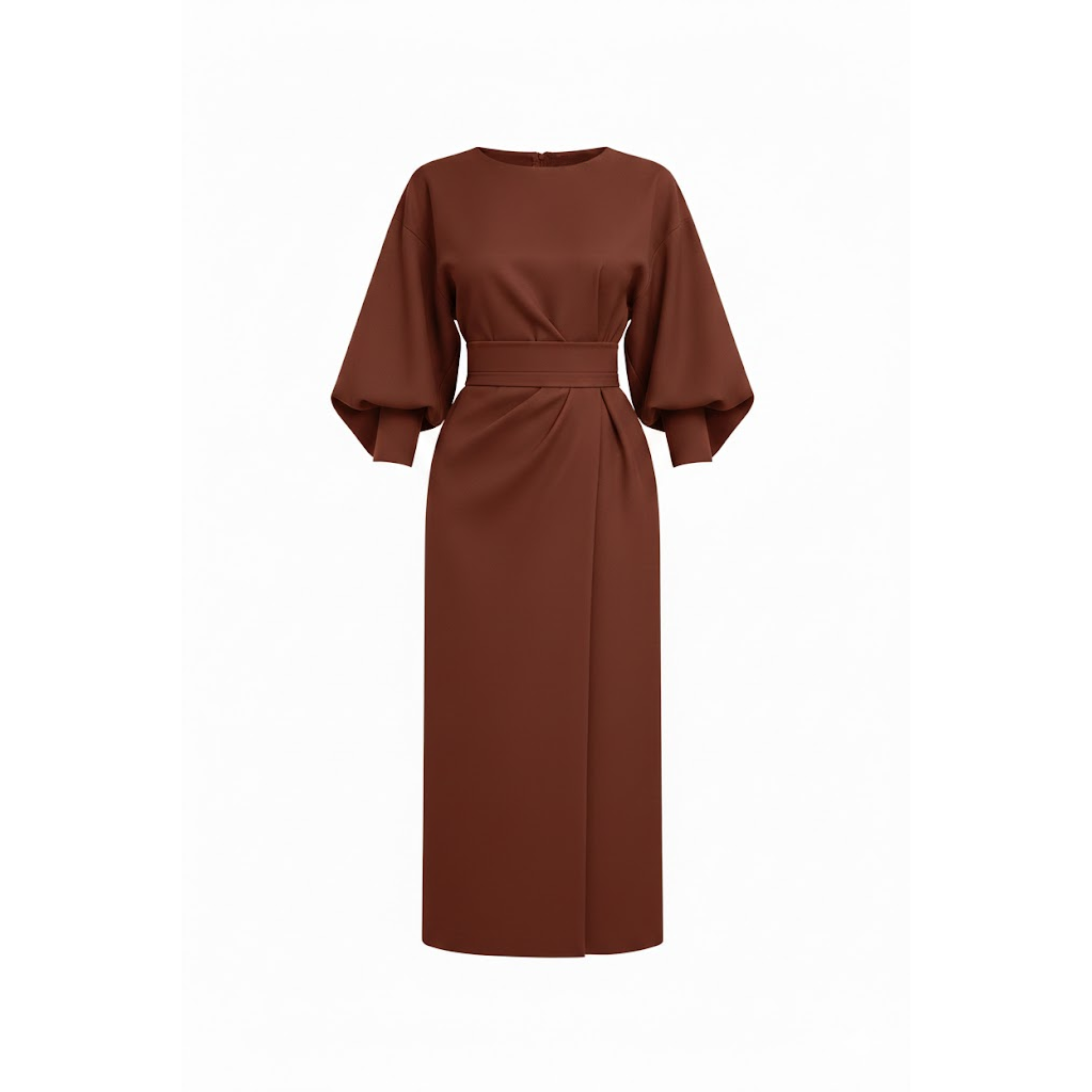 Women’s High-Waist A-Line Midi Dress with Batwing Kimono Sleeves in Black 0