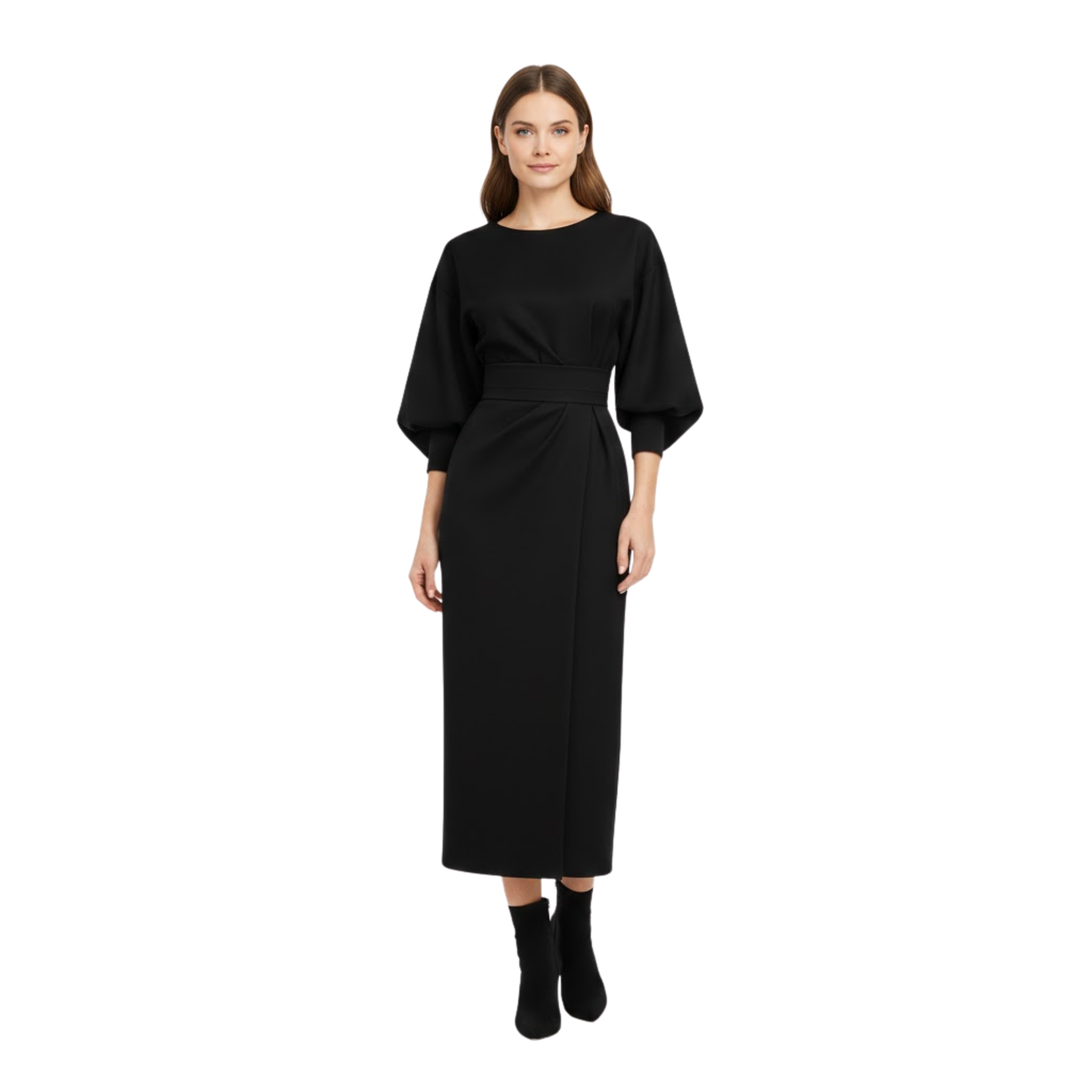 Women’s High-Waist A-Line Midi Dress with Batwing Kimono Sleeves in Black 1