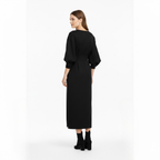 Women’s High-Waist A-Line Midi Dress with Batwing Kimono Sleeves in Black 2