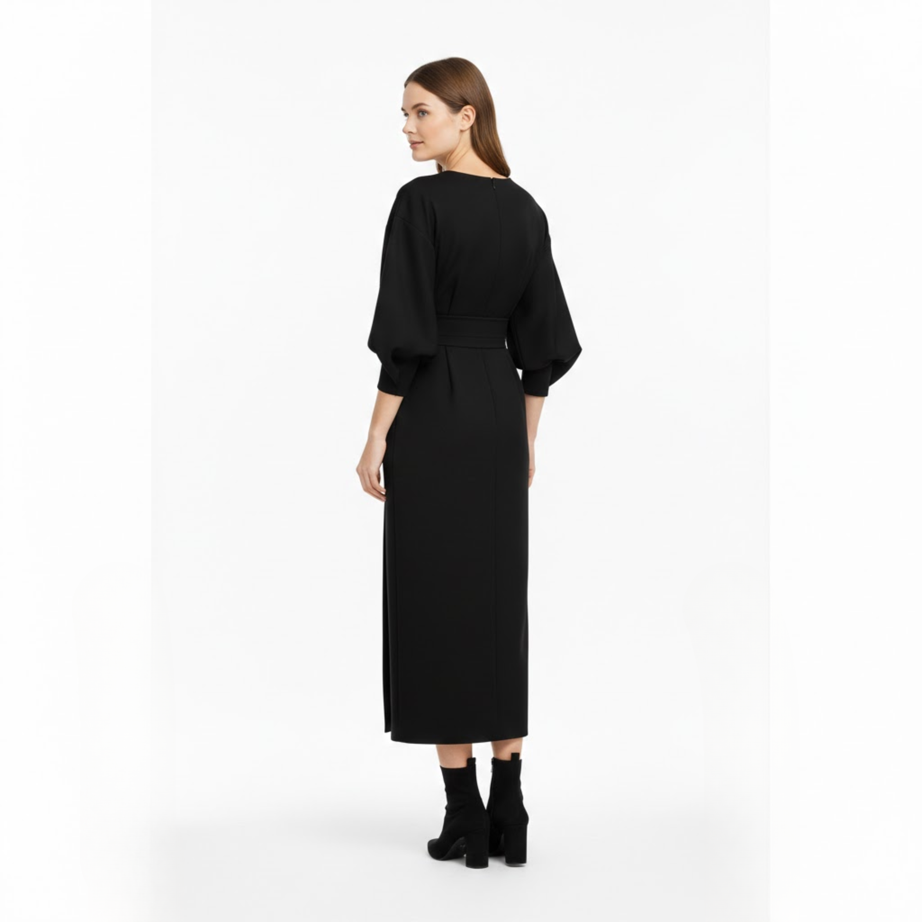 Women’s High-Waist A-Line Midi Dress with Batwing Kimono Sleeves in Black 2