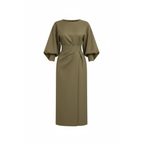 Women’s High-Waist A-Line Midi Dress with Batwing Kimono Sleeves in Black 5