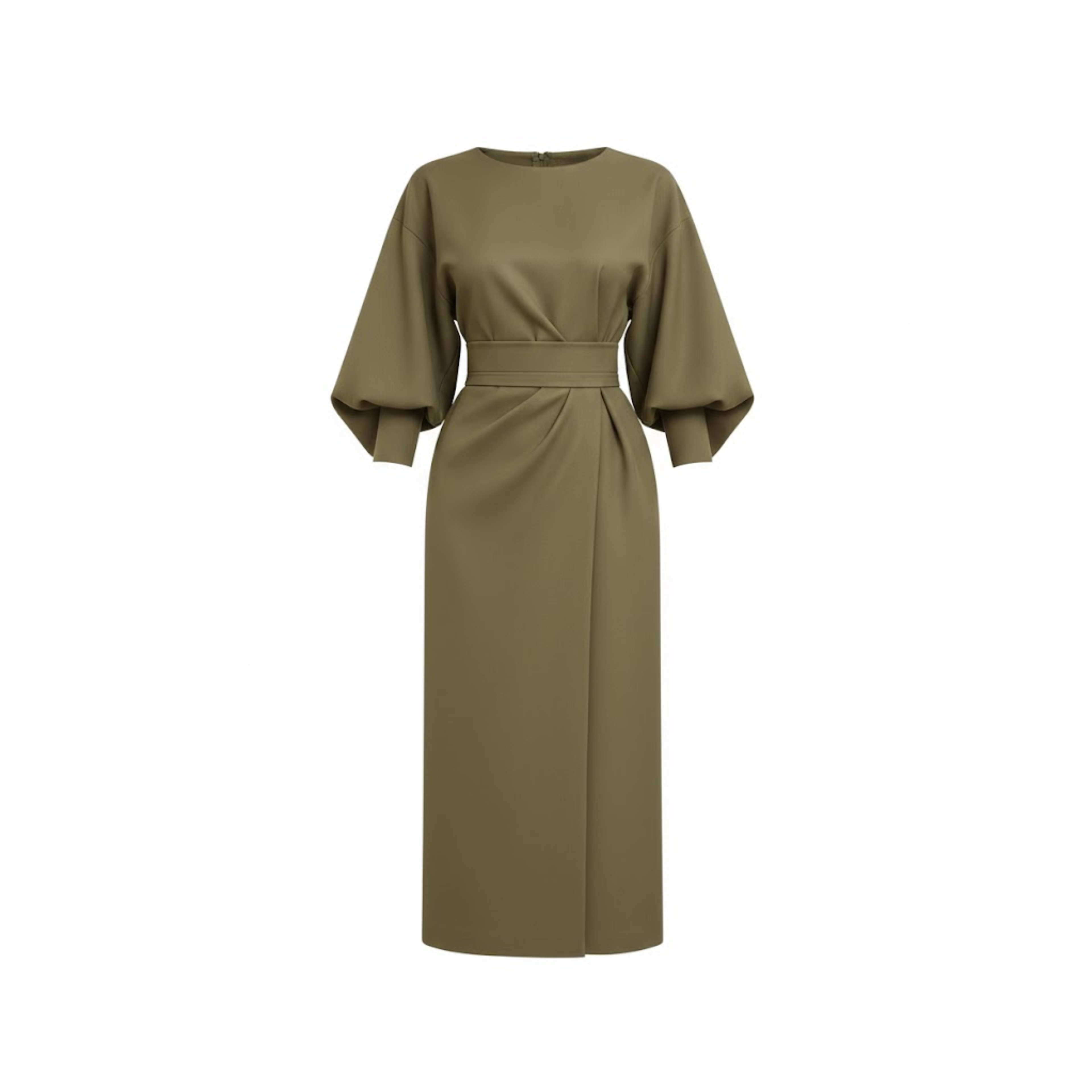Women’s High-Waist A-Line Midi Dress with Batwing Kimono Sleeves in Black 5