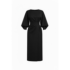 Women’s High-Waist A-Line Midi Dress with Batwing Kimono Sleeves in Black 6